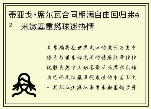 蒂亚戈·席尔瓦合同期满自由回归弗鲁米嫩塞重燃球迷热情