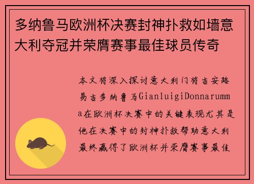 多纳鲁马欧洲杯决赛封神扑救如墙意大利夺冠并荣膺赛事最佳球员传奇