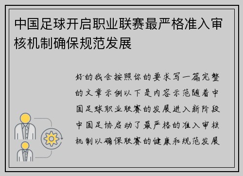 中国足球开启职业联赛最严格准入审核机制确保规范发展